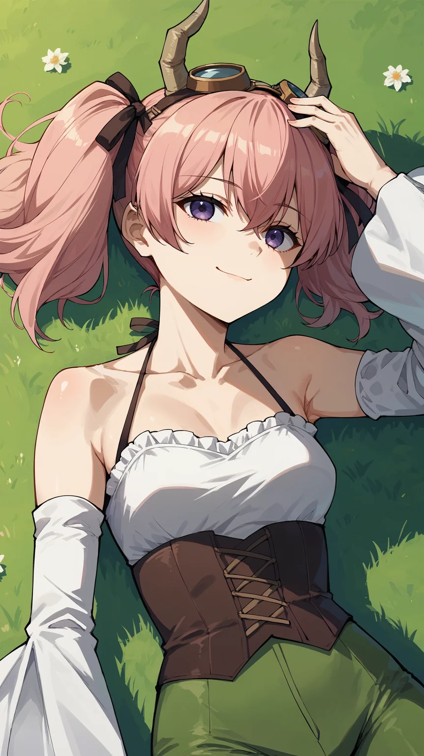 score_9,score_8_up,score_7_up,score_6_up, <lora:xl_more_art-full_v1:0.5>, source_anime, girl, dynamic pose, lying against the ground, hand on head, <lora:Linie - Pony-000004:0.8>, pink hair, twintails, horns, purple eyes, black hair ribbons, long sleeves, bare shoulders, collarbone, detached sleeves, white halterneck, white top, goggles, corset, white sleeves, goggles on head, green pants, smug, smile, field,