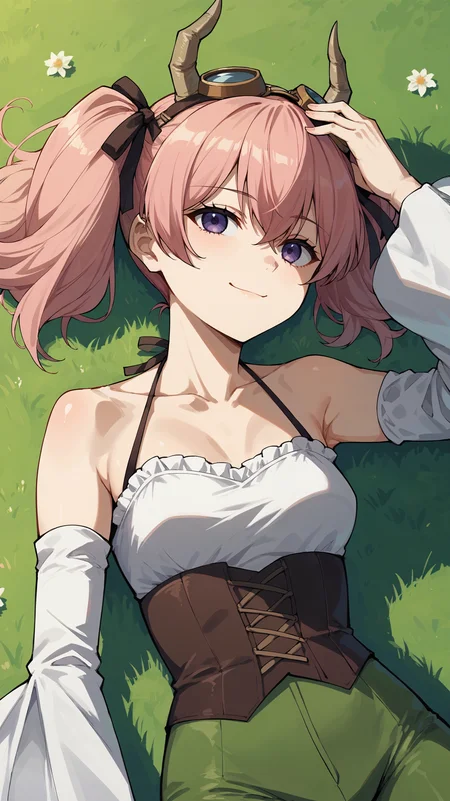 score_9,score_8_up,score_7_up,score_6_up, <lora:xl_more_art-full_v1:0.5>, source_anime, girl, dynamic pose, lying against the ground, hand on head, <lora:Linie - Pony-000004:0.8>, pink hair, twintails, horns, purple eyes, black hair ribbons, long sleeves, bare shoulders, collarbone, detached sleeves, white halterneck, white top, goggles, corset, white sleeves, goggles on head, green pants, smug, smile, field,