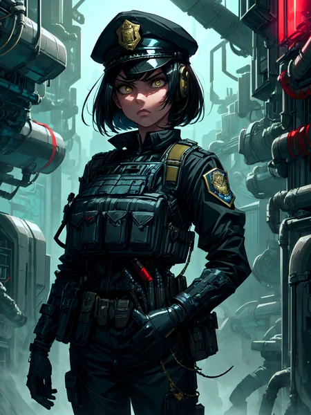 best quality,<lora:add_detail:0.3>, (1girl, solo, adult female, mature female), <lora:detailed_eyes:1>, <lora:concept_goodHands:1>, black hair, graduated bob haircut, gold eyes,
<lora:style_pastTech_(plasttech--synthetic--scifi):0.9>, plasttech, synthetic, scifi,
plasttech police officer, plasttech bulletproof vest, serious face, stern face, bulletproof vest, police harness, utility belt, police hat, safe