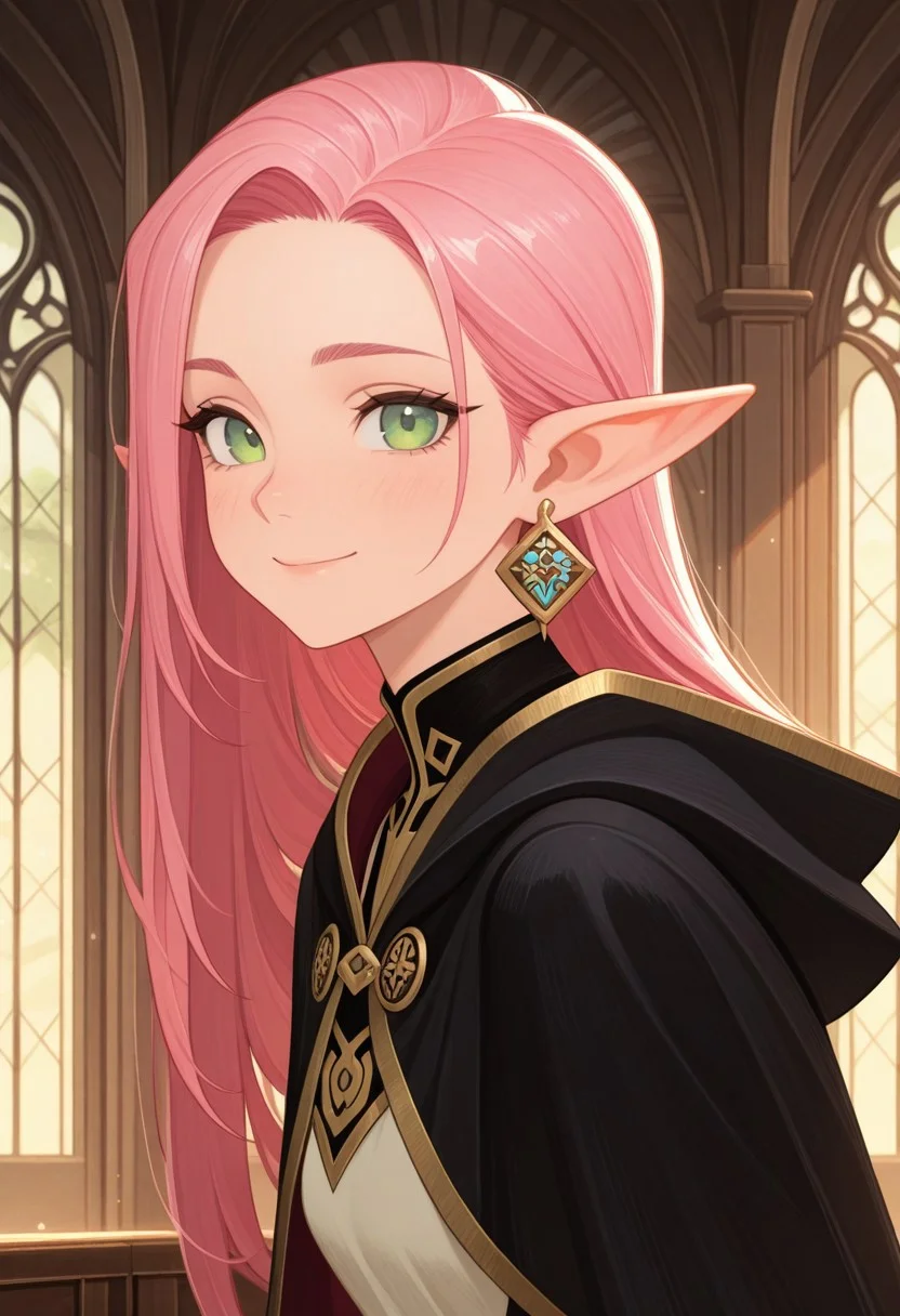 masterpiece, best quality, amazing quality,,<lora:afkArenaIllustrious:1>
afkarenastyle,
1girl, female elf, solo, portrait, female focus, pink hair, green eyes, slim, long hair, hair swept to one side, light skin, smile, looking at viewer, outdoors, beautiful, black cloak with gold trimming, earrings, indoors, arcane library