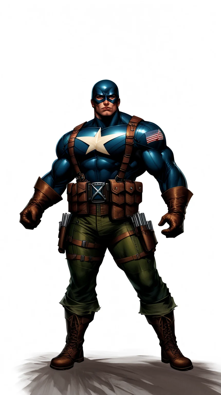 score_9, score_8_up, score_7_up, a man with a strong jaw in a tactical navy blue (muscled superhero costume with green armored highlights:1.2), (m1 helmet:1.4), (superhero domino mask:1.2), leather gloves, laced combat boots, bullet bandolier across his chest, (eagle crest on chest:1.2), gunslinger belt, huge biceps, (white background:1.2), character design, concept art, detailed face, high Detail, Sharp focus, dramatic pose, (full body shot:1.2), (solo:1.2), <lora:ArtgermLycoXL:0.5>  <lora:detailed_hands:1> hands, <lora:ComicsPonyXL_V2:0.7> Comistyle   <lora:WW2_Superhero_Costume-000016:1>