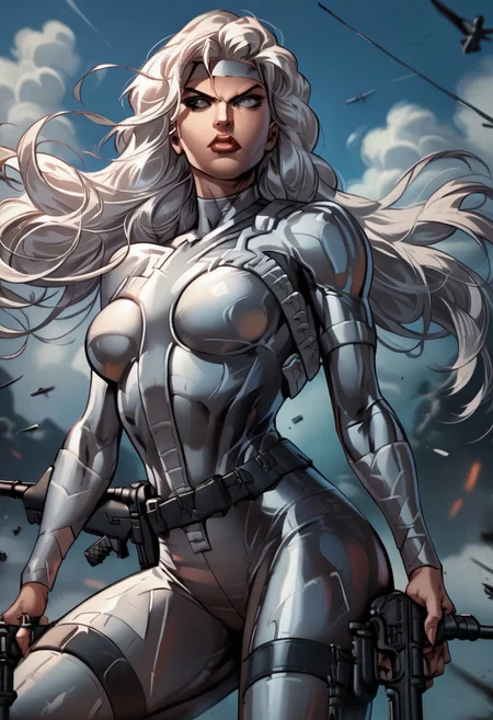 score_9, score_8_up, score_7_up, source_anime, SILVER SABLE, 1girl, solo, long hair, breasts, medium breasts, weapon, white hair, lips, gun, bodysuit, headband, skin tight, rifle, sniper rifle, scope