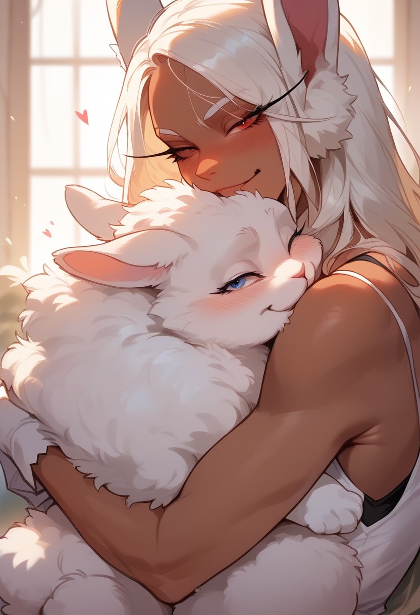 score_9, score_8_up, score_7_up, score_6_up,  <lora:p3tl0v3XLP:1> p3tl0v3, 1girl, rumi usagiyama, dark skinned female, hugging a white rabbit,