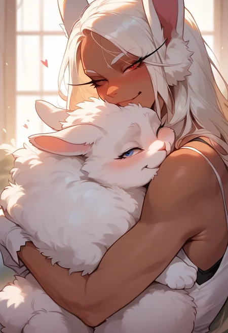 score_9, score_8_up, score_7_up, score_6_up, <lora:p3tl0v3XLP:1> p3tl0v3, 1girl, rumi usagiyama, dark skinned female, hugging a white rabbit,
