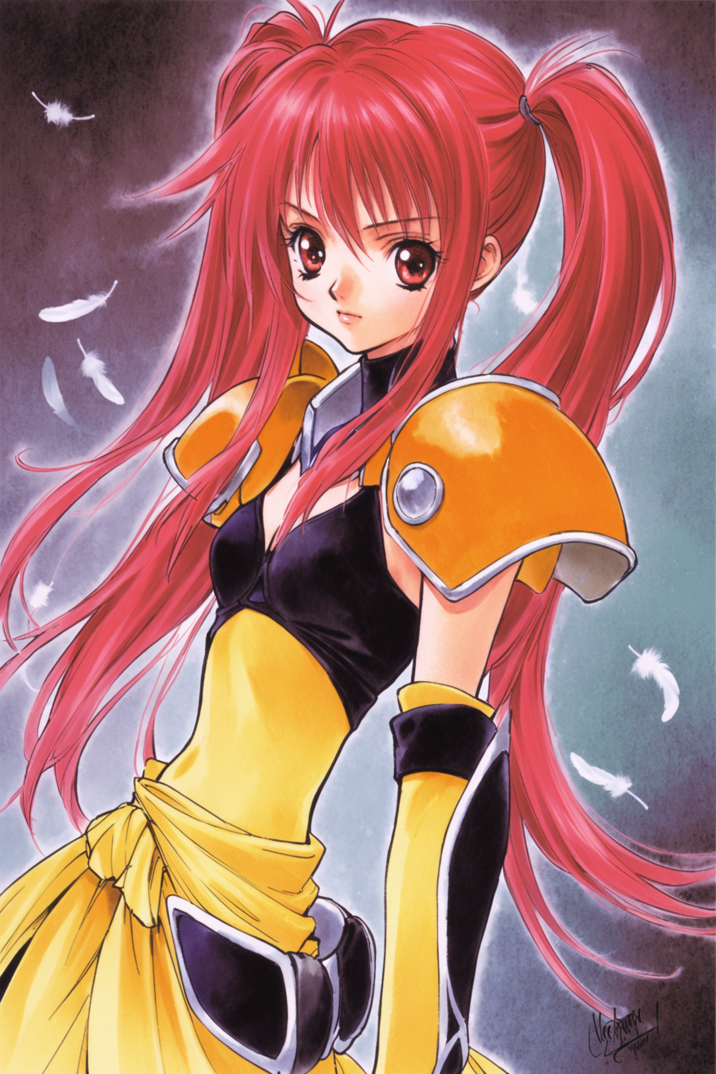 Nanaly Fletch(Tales of Destiny 2),1girl,solo,gloves,red hair,twintails,red eyes,long hair,elbow gloves,signature,armor,feathers,shoulder armor,yellow gloves,upper body,watercolor (medium),
<lora:Inomata Mutsumi_XL:0.8>,