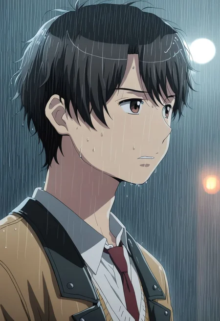 high resolution, solo, best quality, 1Boy, Inaho Kaizuka, Black Hair, Brown Eyes, heavy rain, downtown, night, looking down, sad, leather jacket, looking away, wet, wet hair, OverallDetail