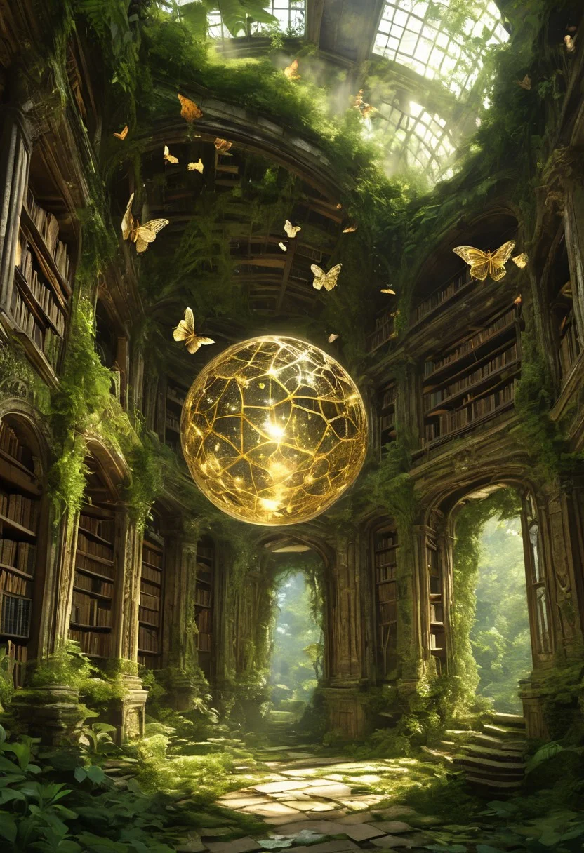 A grand, ancient library lost in the heart of a forgotten jungle, where the bookshelves rise hundreds of feet into the air, disappearing into the canopy of trees above. Vines and moss creep over the edges of the stone walls, entwining themselves with the ancient, crumbling tomes and scrolls. The air smells of damp earth and old paper, with the occasional sparkle of dust dancing in the beams of sunlight that manage to break through the dense foliage. In the center of the library stands a giant, floating orb of golden light, pulsing softly, as if it contains all the knowledge of the world. Glowing butterflies and ethereal birds flutter between the shelves, their wings leaving faint trails of magic in the air. The sound of rustling pages echoes through the space, though there’s no visible movement, as if the library itself is alive, waiting for the right one to unlock its secrets.