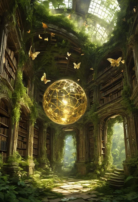 A grand, ancient library lost in the heart of a forgotten jungle, where the bookshelves rise hundreds of feet into the air, disappearing into the canopy of trees above. Vines and moss creep over the edges of the stone walls, entwining themselves with the ancient, crumbling tomes and scrolls. The air smells of damp earth and old paper, with the occasional sparkle of dust dancing in the beams of sunlight that manage to break through the dense foliage. In the center of the library stands a giant, floating orb of golden light, pulsing softly, as if it contains all the knowledge of the world. Glowing butterflies and ethereal birds flutter between the shelves, their wings leaving faint trails of magic in the air. The sound of rustling pages echoes through the space, though there’s no visible movement, as if the library itself is alive, waiting for the right one to unlock its secrets.