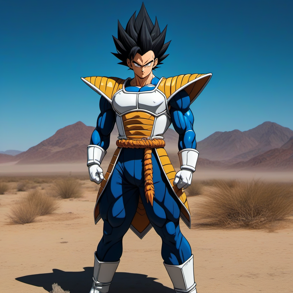 anime artwork full body portrait of a muscular man, black spiked hair, saiyan armor, solo, in the desert<lora:Vegeta1024:0.8>  . anime style, key visual, vibrant, studio anime,  highly detailed