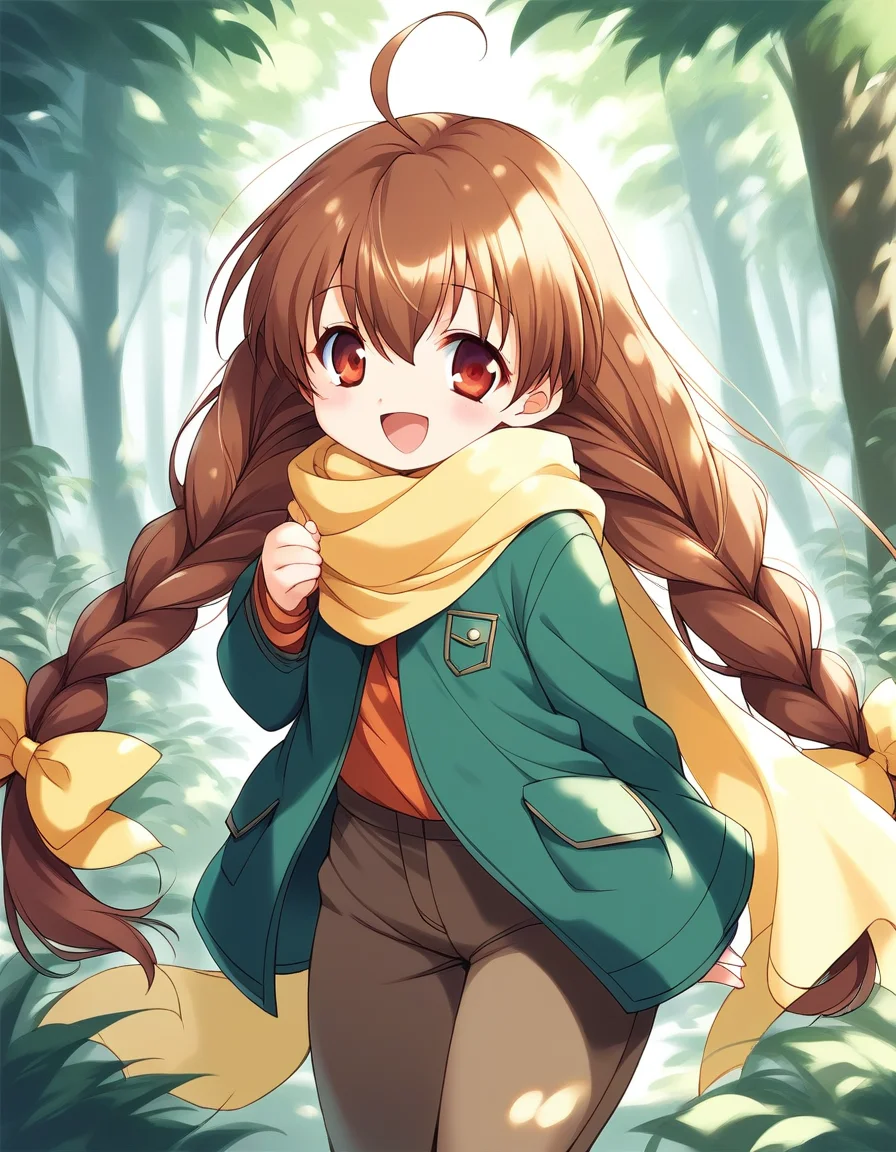 score_9, score_8_up, score_7_up, source_anime, rating_explicit, BREAK <lora:Pasocom_Paradise_2001.8_XL:0.9>Pasocom_Paradise_2001.8, very long hair, twin braids, ahoge, bangs, brown hair, red eyes, hair between eyes, Yellow bow, short stack,
yellow scarf, green coat, brown pants, shoes, happy, standing, forest, looking at viewer, cowboy Shot,
looking at viewer,
cowboy_Shot,