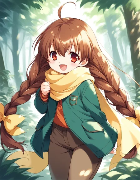 score_9, score_8_up, score_7_up, source_anime, rating_explicit, BREAK <lora:Pasocom_Paradise_2001.8_XL:0.9>Pasocom_Paradise_2001.8, very long hair, twin braids, ahoge, bangs, brown hair, red eyes, hair between eyes, Yellow bow, short stack,
yellow scarf, green coat, brown pants, shoes, happy, standing, forest, looking at viewer, cowboy Shot,
looking at viewer,
cowboy_Shot,