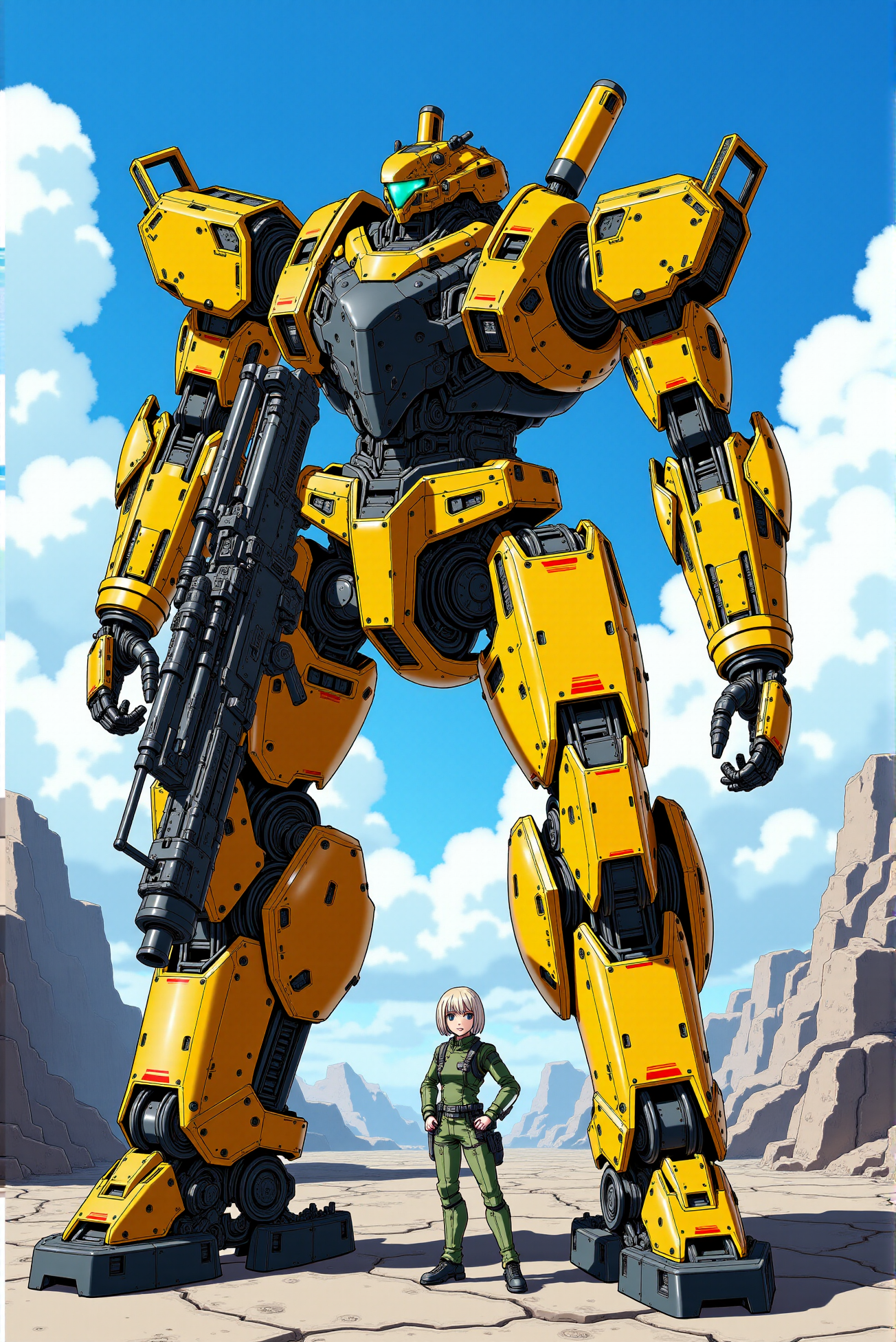 <lora:Mecha_Anime_style_v.1:0.8> A sunlit military platform under vivid blue skies frames a towering yellow-orange mech with tactical black and white striping, its limbs sculpted in reinforced polymer armor and hydraulic pistons. The mech holds a massive assault rifle with dual-mounted optics and a drum magazine, its chassis bristling with ammo belts, sensor arrays, and a shoulder-mounted cannon angled skyward. Standing beside it, a confident female pilot in matching armored gear and combat boots exudes readiness, her hands on hips and visor lifted to reveal short blonde hair. The scene captures a moment of calm before deployment, rendered in clean, high-detail cel-shaded anime style with sharp shadows and crisp atmospheric perspective.