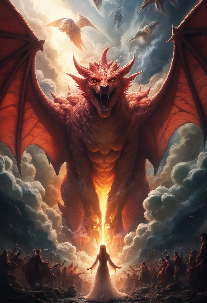 A massive, fiery red dragon, its seven crowned heads twisting in different directions, eyes burning with malice. Its ten jagged horns glisten with an eerie glow, while its wings stretch wide, blotting out the storm-filled sky. The air trembles as its enormous, serpentine tail lashes through the heavens, scattering celestial fragments like falling stars.
Surrounded by shattered ruins and swirling storms, the dragon looms over a mystical, radiant woman, its fanged maw open as if ready to strike. In the heavens, angelic warriors wielding blazing swords descend, their armor reflecting divine light as they charge against the ancient beast.
The dragon’s presence distorts reality—a swirling maelstrom of fire and shadow, its scales shimmering between the realms of existence. Thunder rumbles as the battle between light and darkness unfolds, an apocalyptic clash of cosmic forces.
Ultra-detailed, high fantasy, dark biblical mythology, cinematic lighting, hyper-realistic textures, divine vs. demonic contrast, epic celestial battle. dragon with seven heads.