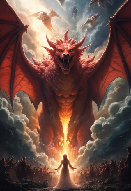 A massive, fiery red dragon, its seven crowned heads twisting in different directions, eyes burning with malice. Its ten jagged horns glisten with an eerie glow, while its wings stretch wide, blotting out the storm-filled sky. The air trembles as its enormous, serpentine tail lashes through the heavens, scattering celestial fragments like falling stars.
Surrounded by shattered ruins and swirling storms, the dragon looms over a mystical, radiant woman, its fanged maw open as if ready to strike. In the heavens, angelic warriors wielding blazing swords descend, their armor reflecting divine light as they charge against the ancient beast.
The dragon’s presence distorts reality—a swirling maelstrom of fire and shadow, its scales shimmering between the realms of existence. Thunder rumbles as the battle between light and darkness unfolds, an apocalyptic clash of cosmic forces.
Ultra-detailed, high fantasy, dark biblical mythology, cinematic lighting, hyper-realistic textures, divine vs. demonic contrast, epic celestial battle. dragon with seven heads.