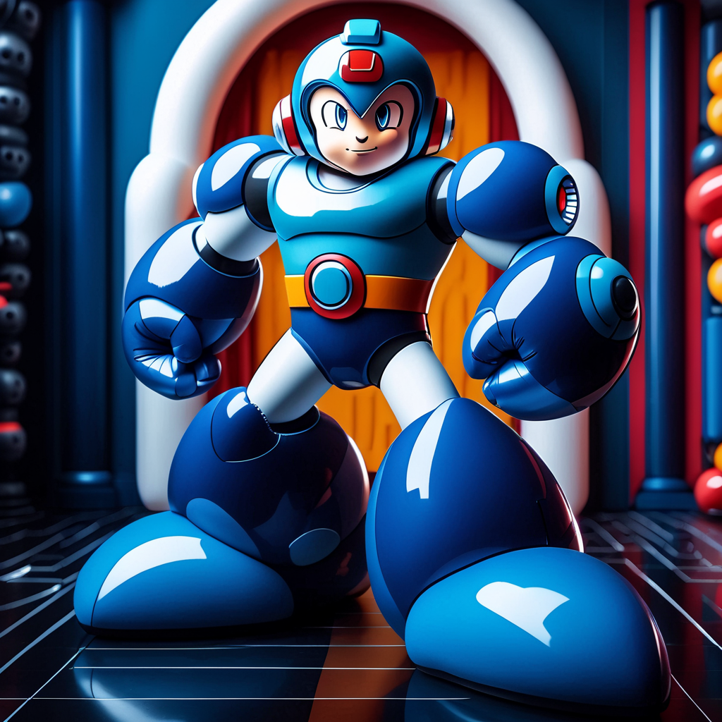 Latex, latex, solo, 1boy, full body, megaman, looking at viewer, inflatable, intricate details, detailed background, depth of field