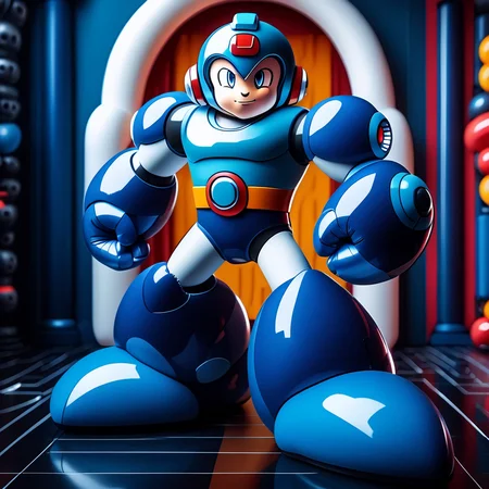 Latex, latex, solo, 1boy, full body, megaman, looking at viewer, inflatable, intricate details, detailed background, depth of field