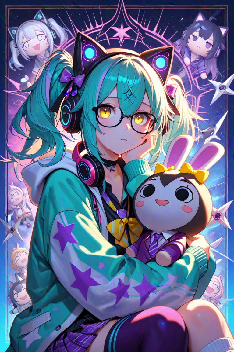 masterpiece, best quality, amazing quality, aesthetic, volumetric lighting, ambient light, saturated colors, dark shadows, 1girl, open mouth, necktie, nesoberi, yellow bow, purple thighhighs, blue hair, purple bow legweap, long hair, choker, blue cardigan, black thighhighs, gradient border, black shirt, untucked shirt, striped clothes, shuriken hair ornament, collarbone, stuffed rabbit, holding toy, hand on own face, diagonal stripes, black choker, blue border, yellow bowtie, asymmetrical legwear, pleated skirt, stuffed toy, hooded jacket, aqua hair, pajamupt bangs, bow, print jacket, chibi inset, multicolored hair, toy, star print, sleeve cuffs, animal ears, light frown, holding animal, jacket, multicolored clothes, bowtie, loose socks, upper body, stuffed cat, black-framed eyewear, striped pajamas, framed, holding weapon, blazer, cardigan, hood down, open jacket, white hood, border, purple skirt, holding stuffed toy, stuffed animal, striped border, star (symbol), fake animal ears, green jacket, hood downspaghetti (deemt389 (evelysed dnaumi (song ank) wings, school uniform, streaked hair, blue shirt, purple bow, diagonal-striped clothes, long sleeves, loose necktie, purple necktie, striped bow, headphones around neck, mismatched legwear, twintails, purple pajamas, socks, plaid bow, loose bowtie, thighhighs, plaid, yellow eyes, weapon, multicolored jacket, looking at viewer, skirt, open clothes, shirt, white socks, animal ear headphones, pink bow choker, sleeveless, closed mouth, headphones, plaid skirt, sleeveless jacket, outside border, two-tone hair, single thighhigh, hair between eyes, plaid necktie, glasses, striped thighhighs, zstyle, very awa, absurdres