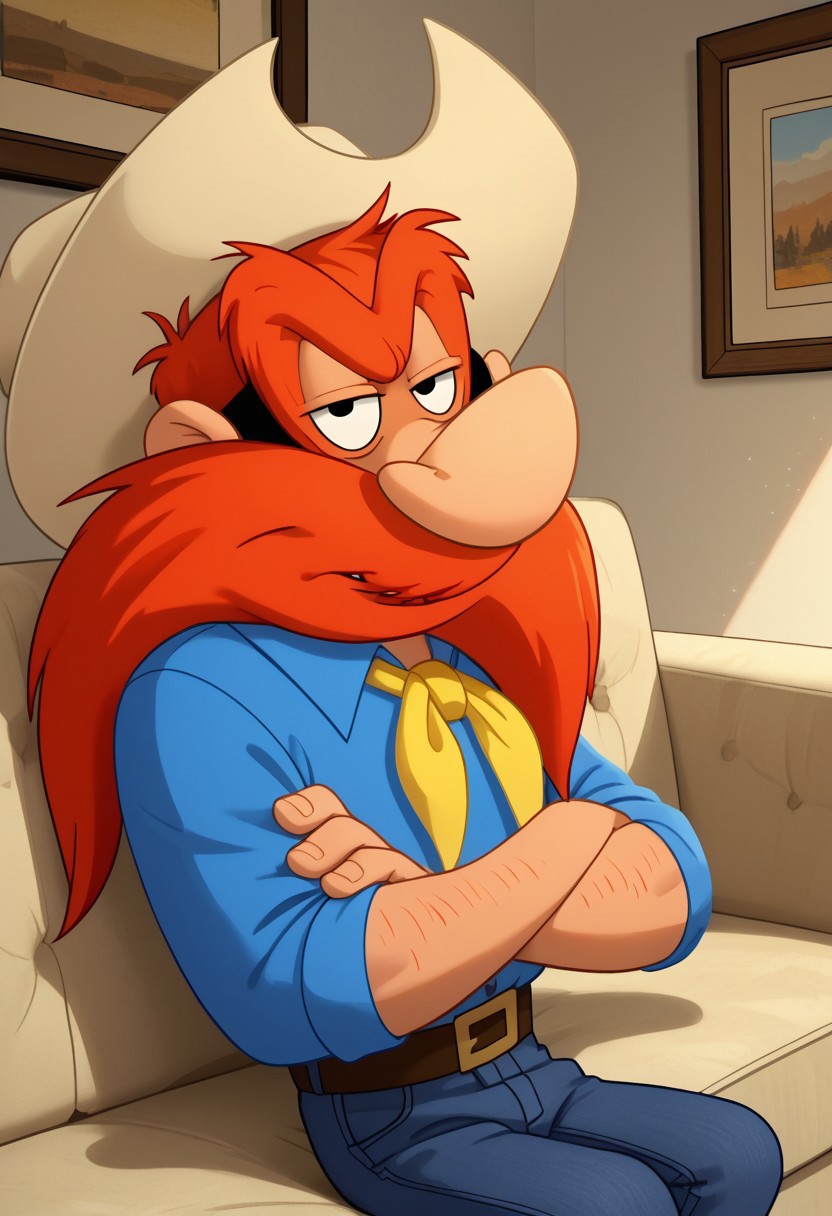 score_9_up, score_8_up, score_7_up, masterpiece, best quality, amazing quality, very aesthetic, absurdres, newest,  high quality, detailed, male, solo male, Yosemite Sam, 1boy, mature male, male, athletic build, human, black eyes, big mustache, bushy eyebrows, facial hair, orange hair, broad shoulders, cowboy hat, blue shirt, yellow neckerchief, blue jeans, indoors, sitting on couch, half body, looking at viewer, grumpy expression, half lidded eyes, living room, volumetric lighting