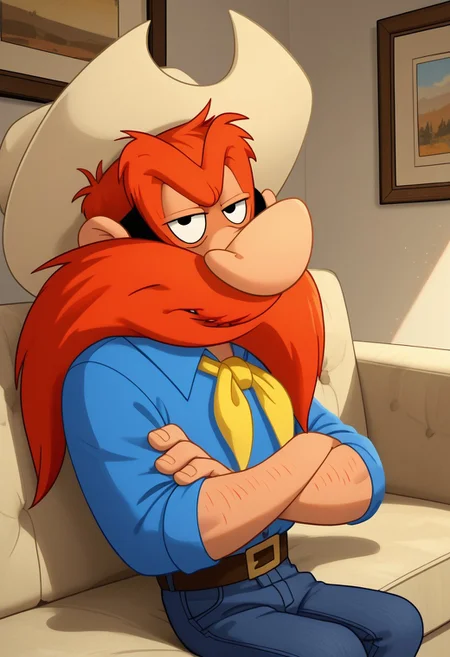 score_9_up, score_8_up, score_7_up, masterpiece, best quality, amazing quality, very aesthetic, absurdres, newest, high quality, detailed, male, solo male, Yosemite Sam, 1boy, mature male, male, athletic build, human, black eyes, big mustache, bushy eyebrows, facial hair, orange hair, broad shoulders, cowboy hat, blue shirt, yellow neckerchief, blue jeans, indoors, sitting on couch, half body, looking at viewer, grumpy expression, half lidded eyes, living room, volumetric lighting