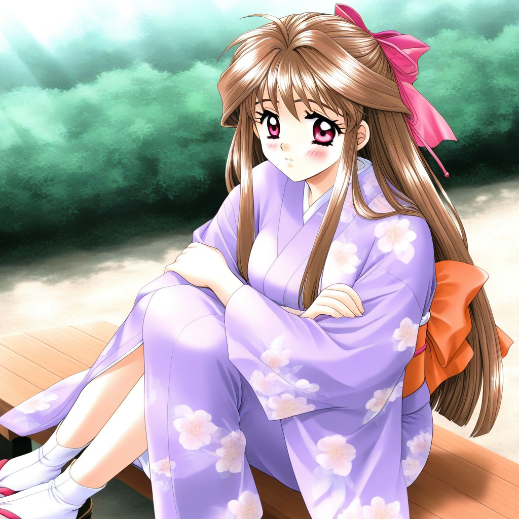 general,highres, ultra-detailed,very aesthetic,best quality ,best hands, BREAK <lora:Minamizato_Ai_kakyuusei_Ver2.0_IS:1> Minamizato_Ai(kakyuusei), 
1girl, solo, brown hair, long hair, bangs, pink eyes,  breasts, hair ribbon, pink ribbon, breasts, crossed arms, white shirt,
1girl, solo, japanese clothes, kimono, brown hair, tabi, long hair, sitting, sandals, long sleeves, floral print, 
purple kimono, red eyes, obi, sash, half updo, blush, socks, ribbon, hair ribbon, outdoors, dutch angle