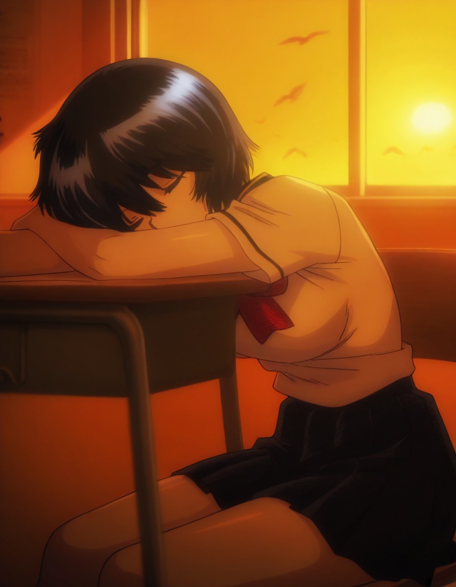 masterpiece, best quality, amazing quality, very aesthetic, absurdres, newest, 1girl, UrabeMikoto, sitting in a classroom, sleeping, birds flying in the background of the class windows, warm sun, warm settings, school uniform, shadows, fn wallpaper concept, anime coloring, anime screencap, TRexStudio, <lora:7e9fea42-482b-47a8-9950-ed00083beb1e:0.8>, <lora:d4b05a89-e758-404d-a7fa-5062f9025de0:0.8>, <lora:ab89db26-ee86-4e0e-856f-75a7aa3666a5:0.8>