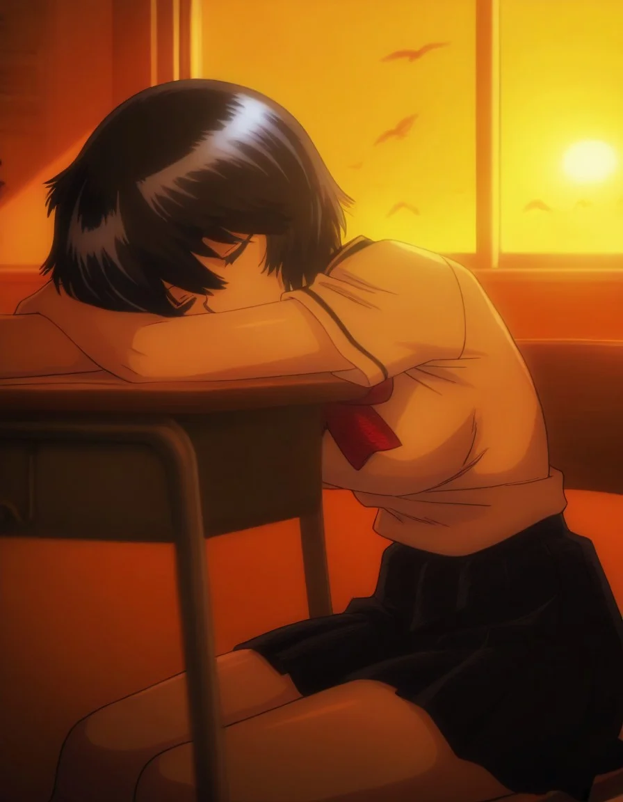 masterpiece, best quality, amazing quality, very aesthetic, absurdres, newest, 1girl, UrabeMikoto, sitting in a classroom, sleeping, birds flying in the background of the class windows, warm sun, warm settings, school uniform, shadows, fn wallpaper concept, anime coloring, anime screencap, TRexStudio, <lora:7e9fea42-482b-47a8-9950-ed00083beb1e:0.8>, <lora:d4b05a89-e758-404d-a7fa-5062f9025de0:0.8>, <lora:ab89db26-ee86-4e0e-856f-75a7aa3666a5:0.8>