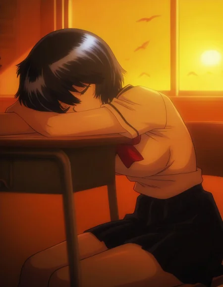 masterpiece, best quality, amazing quality, very aesthetic, absurdres, newest, 1girl, UrabeMikoto, sitting in a classroom, sleeping, birds flying in the background of the class windows, warm sun, warm settings, school uniform, shadows, fn wallpaper concept, anime coloring, anime screencap, TRexStudio, <lora:7e9fea42-482b-47a8-9950-ed00083beb1e:0.8>, <lora:d4b05a89-e758-404d-a7fa-5062f9025de0:0.8>, <lora:ab89db26-ee86-4e0e-856f-75a7aa3666a5:0.8>