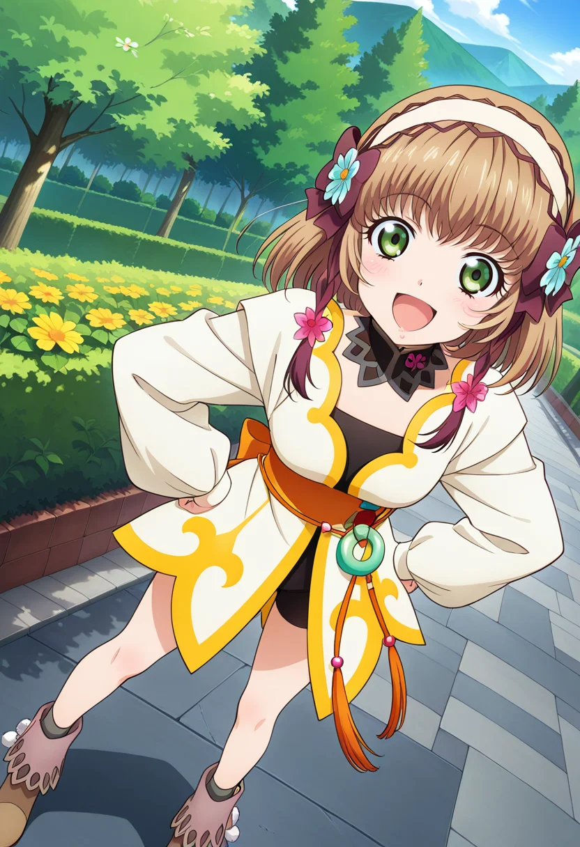 park, trees, flowers, village in the background,
BREAK,
open smile, hands on hips,
full body, dynamic angle,
BREAK,
<lora:leiax2_illustriousXL_v01:0.9>
leiax1, brown hair, green eyes, short hair, hair ornament, hair flower, hair ribbon, 
choker, short dress,  white dress, long sleeves,  black bike shorts,
brown footwear,, source_anime, very aesthetic, anime coloring, masterpiece, 
best quality, amazing quality, ultra detailed, very aesthetic, 
detailed background, 
BREAK,