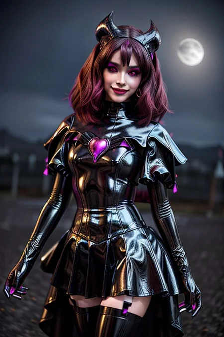 SuccubusT, EvlSM, MEvil, Bad_End_Precure, DarkPrecure, adult, evil corrupted princess wearing dark pastel (ruffled:1) (gleaming latex:1) gown with (long latex cape:1) and latex elbow gauntlets, soft lighting, ruffles,
(red eyes, colored skin, glowing eyes, evil smile),
(makeup, lipstick, mascara, eyeshadow),
(demon horns, demon wings),
<lora:more_details:1>,