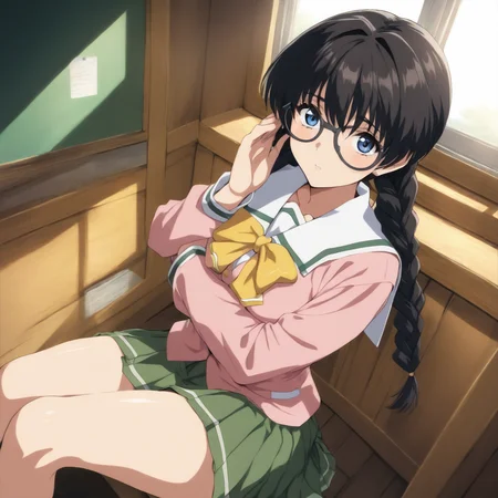 masterpiece,high score,great score,absurdres,solo,looking at viewer,school_uniform,<lora:Shiho_Replay ag4o v1:1> shiho_replay, glasses, black hair, long hair, blue eyes,twin braids,pink long sleeves,yellow bow,green skirt,