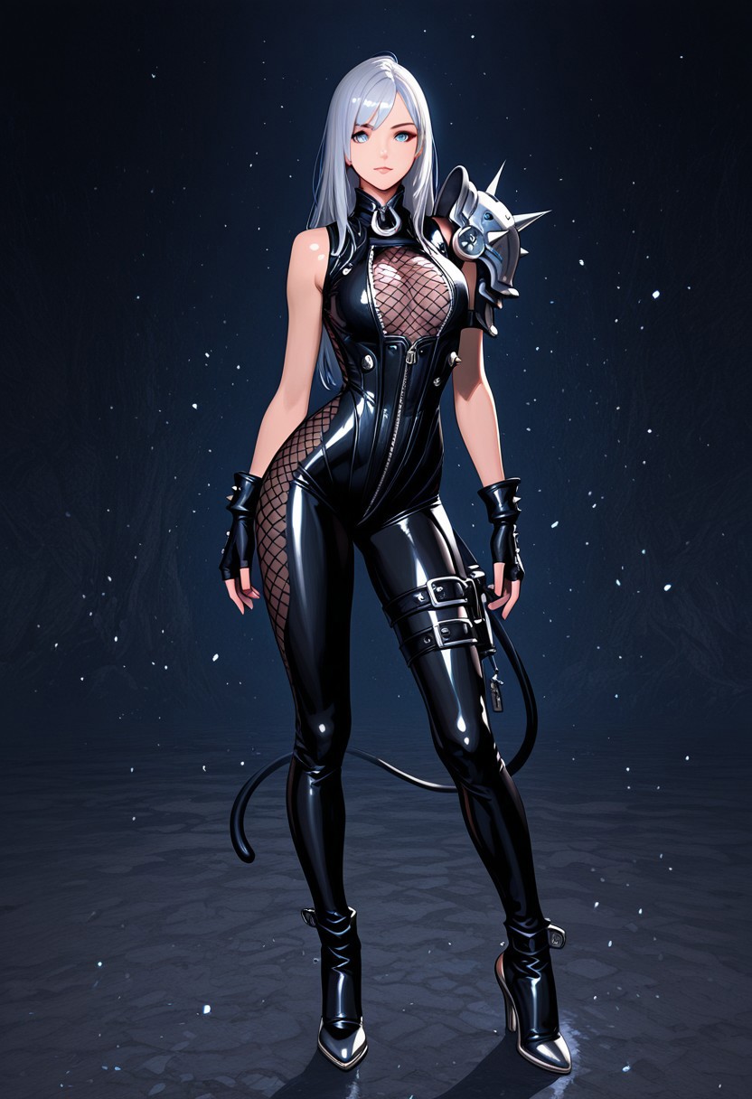 (score_9, score_8, score_7), masterwork, masterpiece, best quality, beautiful eyes, beautiful face, detailed eyes,detailed face, onebarprision, 1girl, tight black bodysuit, leather catsuit, glossy material, high collar, metal choker, front zipper, netted mesh chest panel, sleeveless, fishnet side panels, armored shoulder pad, fingerless gloves, high heels, silver trims, corset style front, thigh strap buckles, asymmetrical leg design