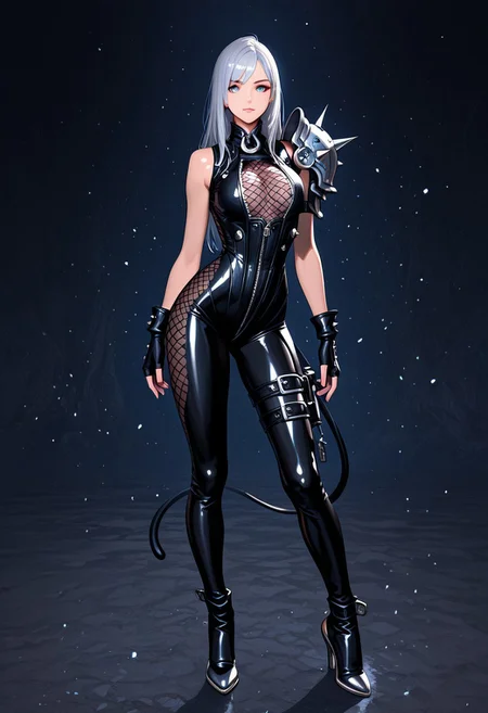 (score_9, score_8, score_7), masterwork, masterpiece, best quality, beautiful eyes, beautiful face, detailed eyes,detailed face, onebarprision, 1girl, tight black bodysuit, leather catsuit, glossy material, high collar, metal choker, front zipper, netted mesh chest panel, sleeveless, fishnet side panels, armored shoulder pad, fingerless gloves, high heels, silver trims, corset style front, thigh strap buckles, asymmetrical leg design