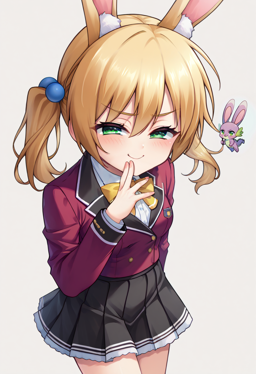 score_9,score_7_up,(source_anime),zPDXL2,simple background BREAK
k0hinata,twintails,green eyes,hair bobbles,small breasts,school uniform,red blazer,black skirt,(chibi),rabbit ears,animal ear fluff<lora:kohinata:0.6><lora:Mesugaki_Concept_v1.1:0.7>mesugaki,smug,hand to own mouth BREAK
chibi, spike, rabbit ears