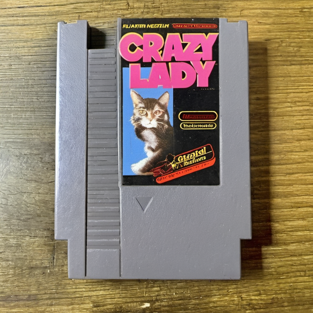 nes videogame cartridge, Crazy Cat Lady, english text, no humans, solo,  parody <lora:nes:1>