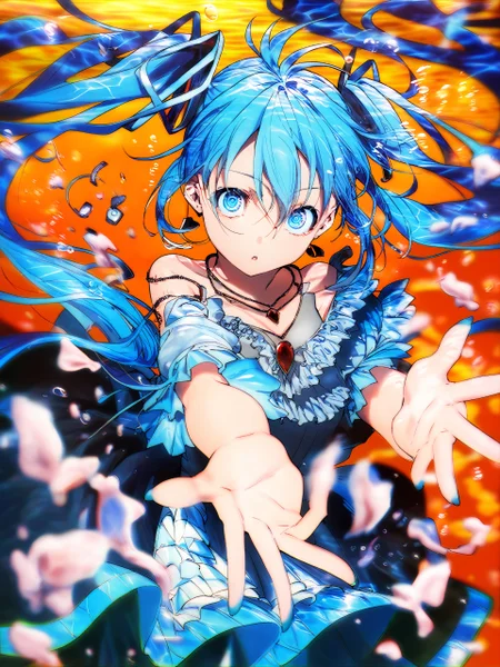 score_9,score_8_up,score_7_up,score_6_up,source_anime, <lora:MeMaXL_V3:0.8>, <lora:MikaPikaZoXL_Js2_lokr_V42310:0.8>, by toosakaasagi, ringed eyes, <lora:Toosaka-Asagi-Style-PonyXL-000036:1>,
hatsune miku,dress,jewelry,long hair,bubble,necklace,white dress,twintails,underwater,reaching,blue eyes,1girl,air bubble,solo focus,blue hair,collarbone,hair between eyes,bare shoulders,frills,blurry,blue theme,frilled dress,floating hair,reaching towards viewer,blurry foreground,off-shoulder dress,very long hair,depth of field,pendant,blue nails,bow,hair bow,outstretched hand,submerged,off shoulder,
