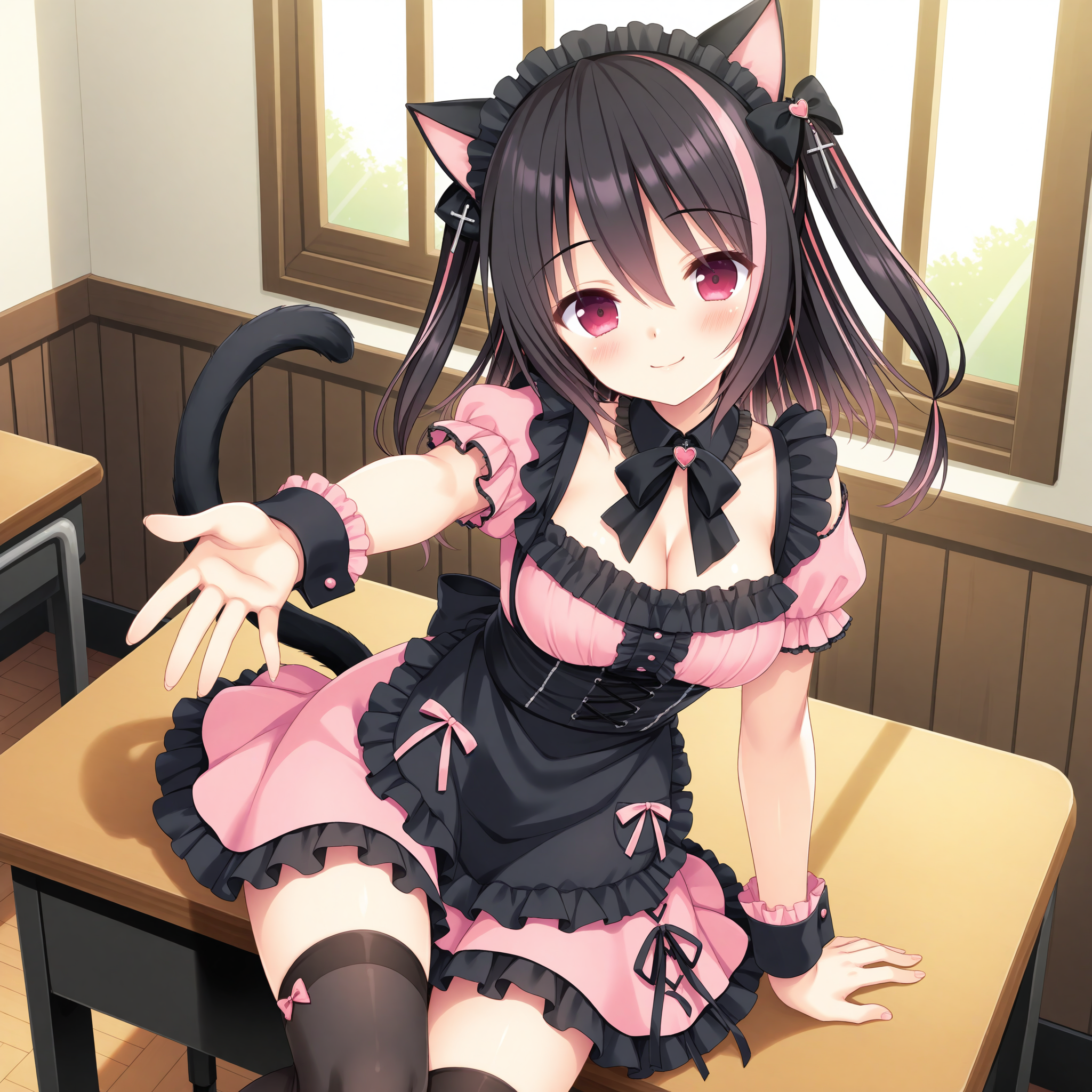 <lora:Otome_Kokoro_1_nai-000042:1>,Otome Kokoro,hair bow,two side up,two-tone hair,streaked hair,black bow,
cat girl,animal ears,cat ears,cat tail,cleavage,bow,pink dress,wrist cuffs,frills,short sleeves,frilled dress,detached collar,apron,puffy short sleeves,black thighhighs,heart,puffy sleeves,hairband,frilled apron,heart hair ornament,
BREAK
1girl,solo,sitting,on desk,front view,looking at viewer,indoors,smile,arm support,head tilt,knee up,reaching towards viewers,