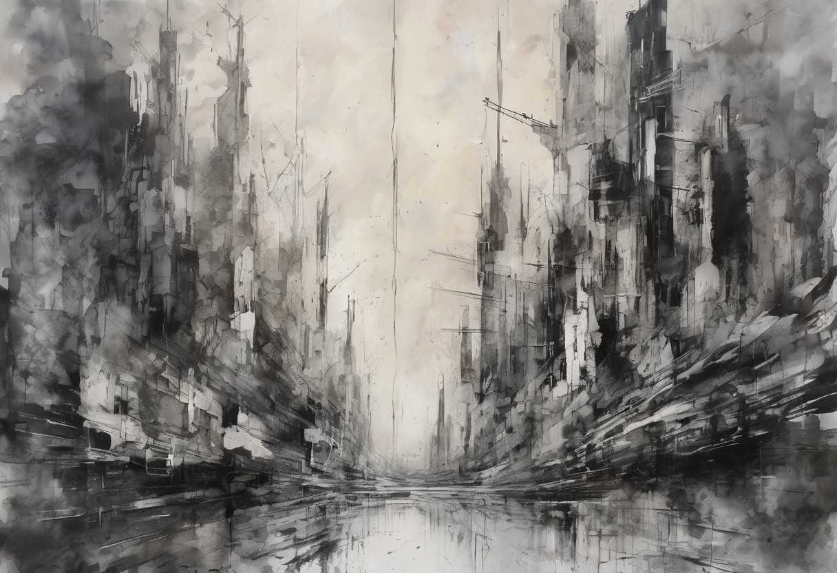 void, left blank, vacant space, ultra fine painting, water wash ink splash, cyberpunk bark mega city, unbalance composition