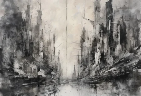 void, left blank, vacant space, ultra fine painting, water wash ink splash, cyberpunk bark mega city, unbalance composition