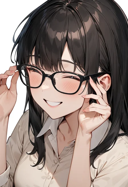 masterpiece, best quality, very aesthetic, absurdres,
1girl, solo, black hair, long hair,
Wellington22A, glasses, black-framed eyewear,
collared shirt, happy, smile, looking at another, adjusting eyewear, white background, simple background,
<lora:glasses_Wellington_cellframe1_SDXL_V1:0.8>
