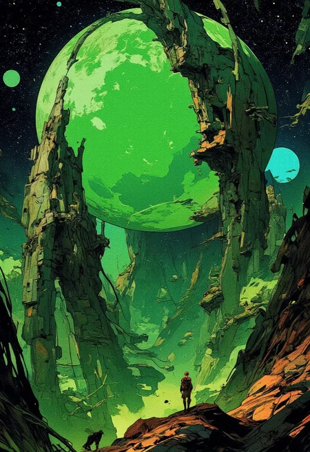 A mesmerizing sci-fi space scene featuring the ruins of a colossal ancient structure floating in orbit around a massive green planet. The remnants of the structure appear to be the remains of an advanced alien civilization, with curved, metallic arches and massive stone fragments suspended in zero gravity. The planet below glows with a vibrant green atmosphere, swirling with clouds and faint signs of life. In the background, countless stars twinkle against the vast, dark void of space, with distant celestial bodies, including a smaller blue moon, adding depth to the composition. The lighting casts an eerie, otherworldly glow on the ruins, emphasizing their mysterious and abandoned nature. The art style is a blend of futuristic sci-fi and space fantasy, with intricate details, cinematic composition, and a breathtaking sense of scale.
,  anime, cyberpunk
