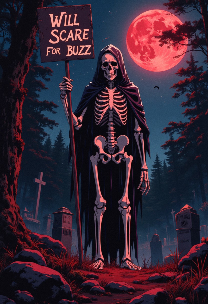 A gothic spooky skeleton made out of pure white bones stands in an old graveyard. He holds a sign that says: "Will scare for BUZZ". The galactic night sky intensifies the dark mood of the evil forest. The moon shines crimson light onto him creating an eerie scene. (epic dark fantasy style).
ne0nfant4sy