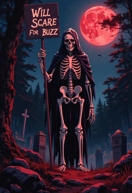 A gothic spooky skeleton made out of pure white bones stands in an old graveyard. He holds a sign that says: "Will scare for BUZZ". The galactic night sky intensifies the dark mood of the evil forest. The moon shines crimson light onto him creating an eerie scene. (epic dark fantasy style).
ne0nfant4sy
