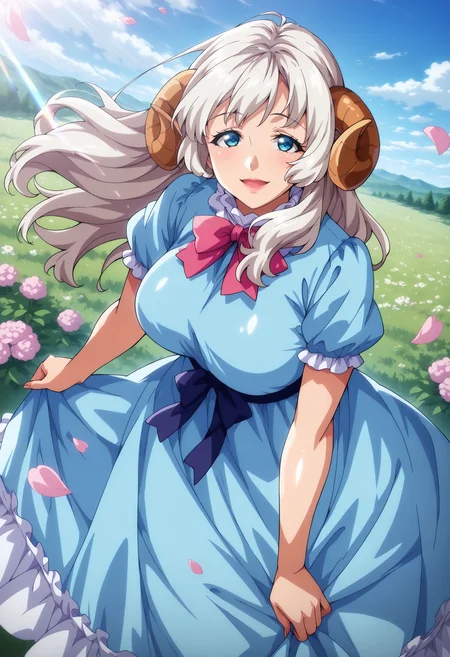 masterpiece, best quality, anime coloring, shiny skin, <lora:antechinusStyle_illusXL_Incrs_v2-000016:1>, 1girl, sheep girl, sheep horns, blue eyes, long hair, white hair, mature female, milf, neck tuft, blue dress, frills, puffy sleeves, ribbons, bowtie, dress grab, looking at viewer, happy, outdoors, field, flowers, sunbeam, wind, petals, lens flare, from above, dutch angle,
