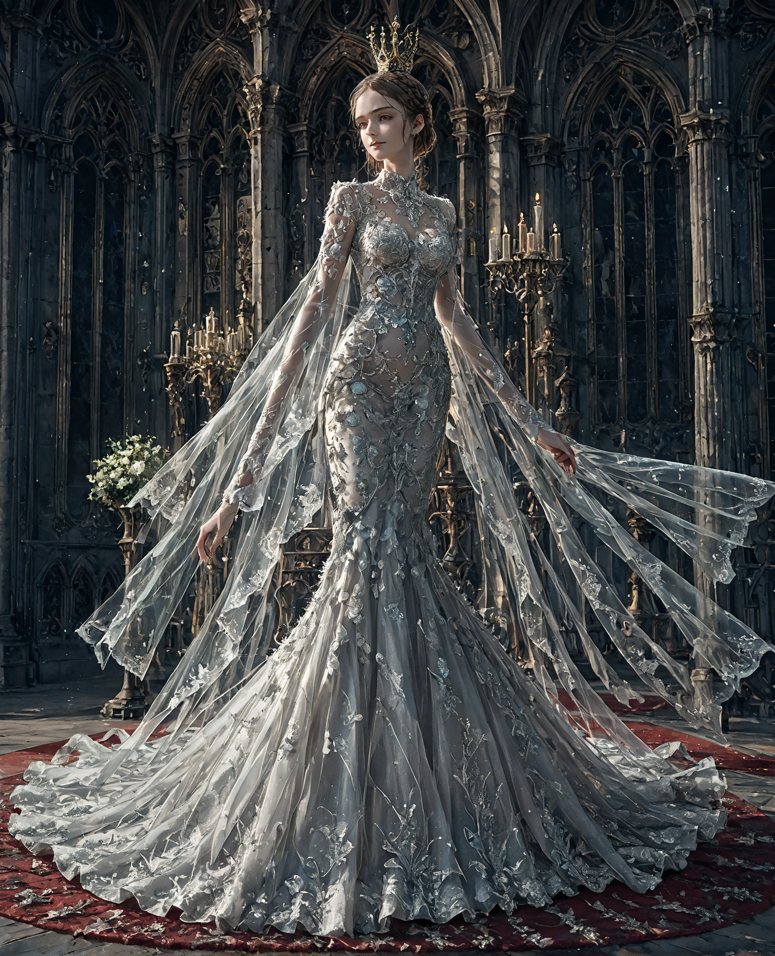 1girl, silver, mermaid-line wedding dress, <lora:WD-XLPony_v003:0.8>, 
HD, see-through, cathedral, red carpet, romantic, delicate design, persona, crown braid, lace applique, sophisticated, detailed craftsmanship, 
John William Waterhouse style, score_9, score_8_up, score_7_up , source_anime, masterpiece, best quality, perfect anatomy , very aesthetic , absurdres
