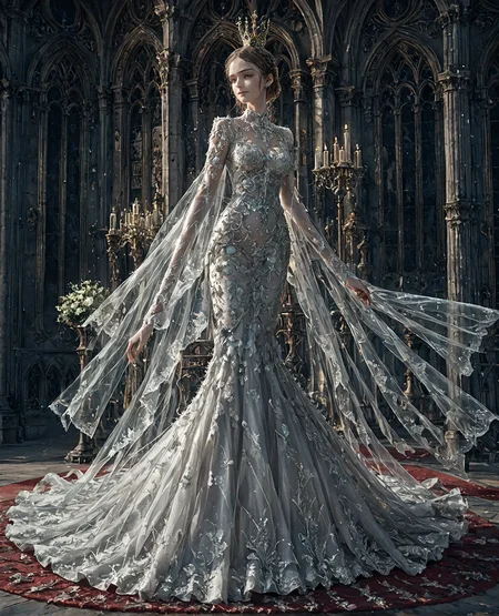 1girl, silver, mermaid-line wedding dress, <lora:WD-XLPony_v003:0.8>, 
HD, see-through, cathedral, red carpet, romantic, delicate design, persona, crown braid, lace applique, sophisticated, detailed craftsmanship, 
John William Waterhouse style, score_9, score_8_up, score_7_up , source_anime, masterpiece, best quality, perfect anatomy , very aesthetic , absurdres