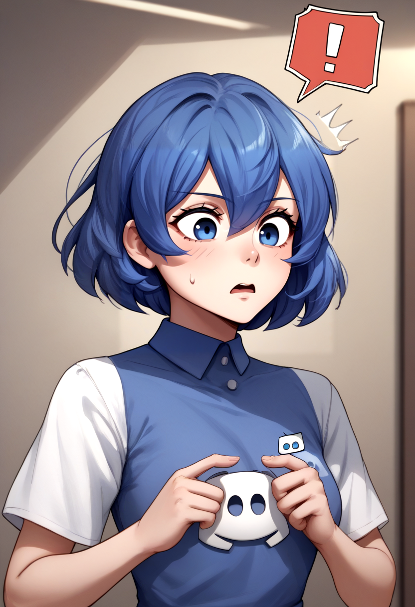 score_9, score_8_up, score_7_up, source_anime, 1girl, dcchan, <lora:DCchanXLPD:1>, short hair, blue hair, ping, !, spoken exclamation mark,