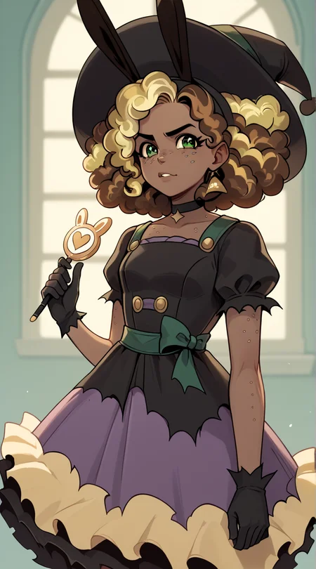 ((score_9)), score_8_up, score_7_up, high quality, masterpiece Lorelai, green eyes, dark-skinned female, freckles, curly hair, brown hair, green eyes, 1girl, multicolored hair, two-tone hair, big hair, afro, Dark Lorelai, black gloves, ((witch hat)), torn clothes, choker, rabbit ears, fake animal ears, dress, wand<lora:Lorelai_Blyndeff:1>