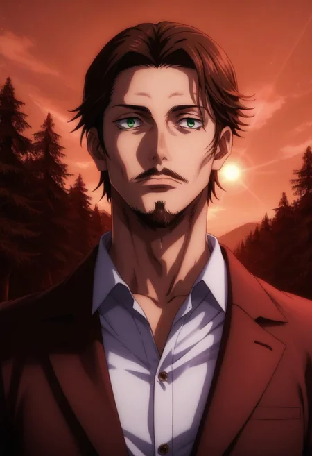score_9, score_8_up, score_7_up, source_anime, intricate details, anime screencap, perfect balance, official art, extremely detailed CG unity 8k wallpaper, perfect lighting, Colorful, Bright_Front_face_Lighting, (masterpiece:1.0),(best_quality:1.0), ultra high res,4K,ultra-detailed, photography, 8K, HDR, highres, absurdres:1.2, Kodak portra 400, blurry background, bokeh, lens flare, (Anime) (vibrant_color:1.2), professional photograph, night, (good_face:1.2), 2d, anime, upper body, intricate iris, American, Professional character design, 1man, male focus, Green eyes, perfect eyes, (brown hair), (brown facial hair), (brown beard), (Full mustache), ((brown mustache)), (Thick Mustache), (brown beard), (brown beard), white dress shirt, 1970s, tan trench coat, mature, masculine, solo, jujutsu_kaisen_style, character portrait, (Dramatic, Intense, epic, perfect-lighting, lens flare), face, torso, (checkered backdrop), (older man) (Middle-aged) (medium-length hair) (Charming) (Charismatic) (Gentleman) (Sophisticated) (dapper) ((Dark Black Eyeliner)) (Black Eyeshadow) (Eyes Dark Circles) (Sunken eyes) (exhausted eyes) (Tired eyes) (Shadowy Eyes) (Kind) (Friendly) (Happy) (Outdoors) (Nature) (Sunshine)