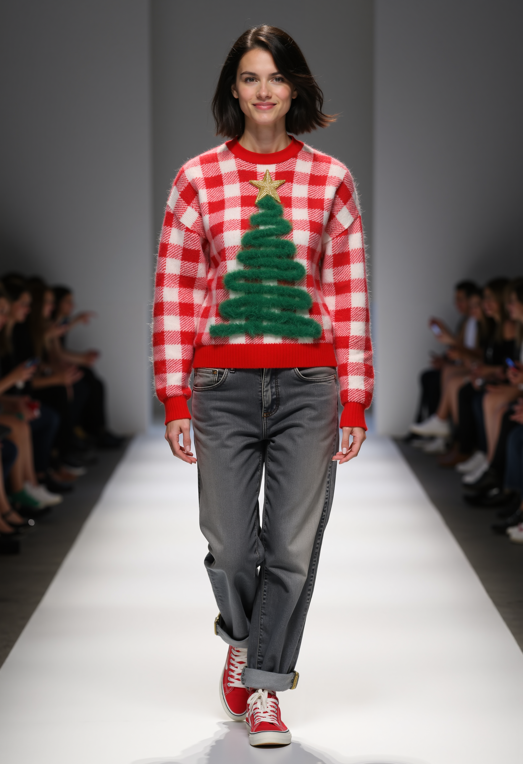 clo031, full body shot, beautiful woman, black short hair, smiling, wearing a red-and-white checkered knit sweater with a fuzzy green Christmas tree design and a gold star on top, soft textures, paired with relaxed cuffed gray jeans and red sneakers. walking on a catwalk