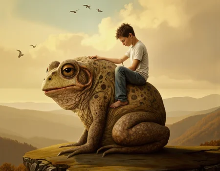 <lora:Oddart:0.8> oddart, A surreal and dreamlike painting depicting a gigantic, odd-looking toad with mottled, brownish-green skin and large, round, golden eyes, riding on the back of a human. The human, a young adult male with a lean build, fair skin, and short, spiky brown hair, wears a simple white t-shirt and faded blue jeans, and has a look of calm resignation on his face. The toad, which appears to be at least three times the size of the human, has a few scattered, long, thin hairs on its head, and its wide, flat mouth is curled into a faint, enigmatic smile. The human's eyes are cast downward, as if lost in thought, while the toad's eyes seem to be gazing off into the distance, as if enjoying the view. The lighting is soft and warm, with a golden, sunset-like glow casting long shadows across the scene, and a few puffy, white clouds drift lazily across the sky. The background is a blurred, impressionistic landscape of rolling hills and distant trees, with a few birds flying overhead. The human and the toad are positioned in the center of the image, with the toad's long, sturdy legs wrapped loosely around the human's waist, and its front legs resting on the human's shoulders. The overall mood is one of peaceful, surreal wonder, as if the human and the toad are engaged in a strange, dreamlike waltz. The image features a shallow depth of field, with the human and the toad sharply in focus, while the background is softly blurred. The painting style is highly detailed and textured, with thick, heavy brushstrokes and vivid, realistic colors, and the overall effect is one of strange, captivating beauty. . 35mm photograph, film, bokeh, professional, 4k, highly detailed